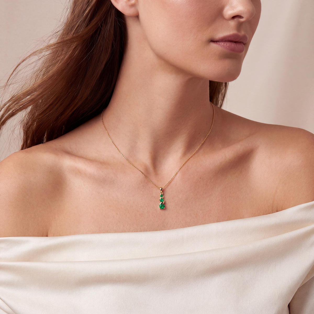 Round Emerald Three Stone Graduated Drop Necklace 14K Solid Gold Pendant