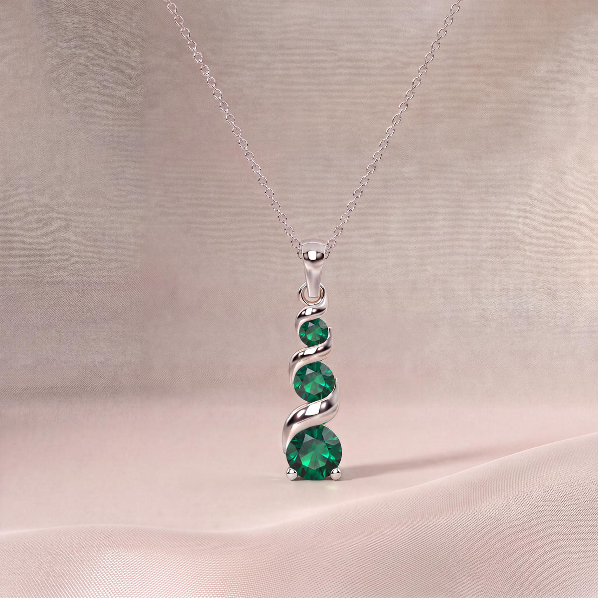 Round Emerald Three Stone Graduated Drop Necklace 14K Solid Gold Pendant