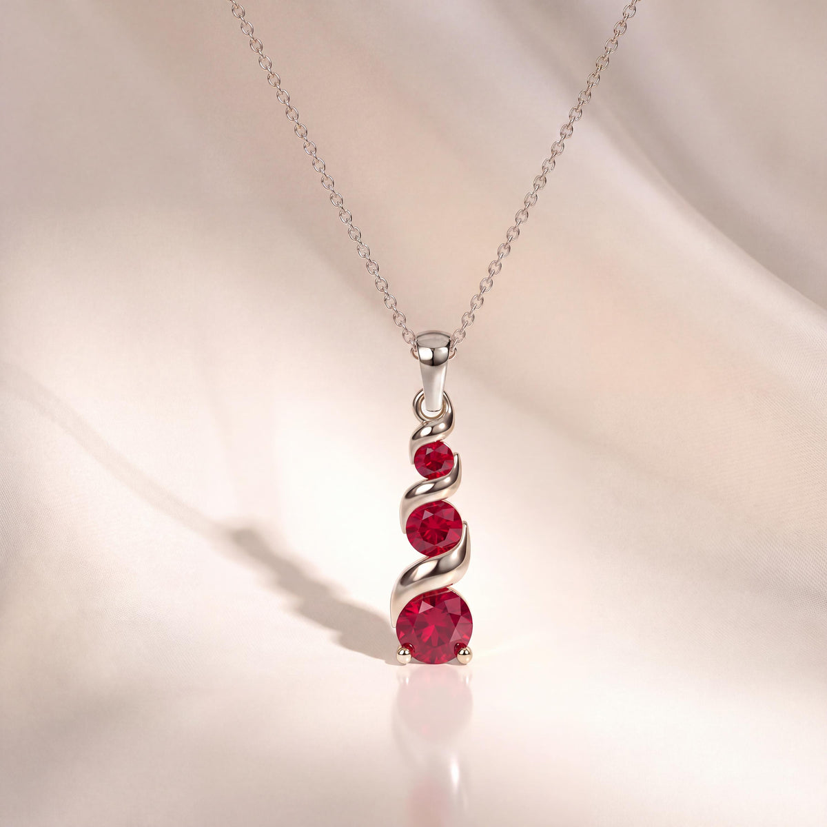 Round Ruby Three Stone Graduated Drop Necklace 14K Solid Gold Pendant