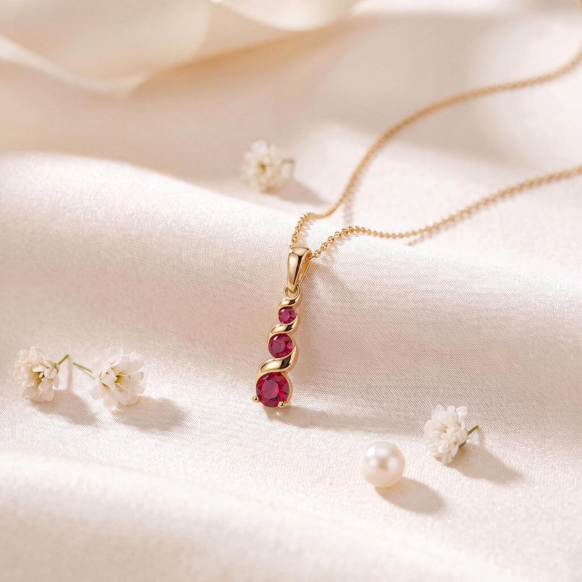 Round Ruby Three Stone Graduated Drop Necklace 14K Solid Gold Pendant