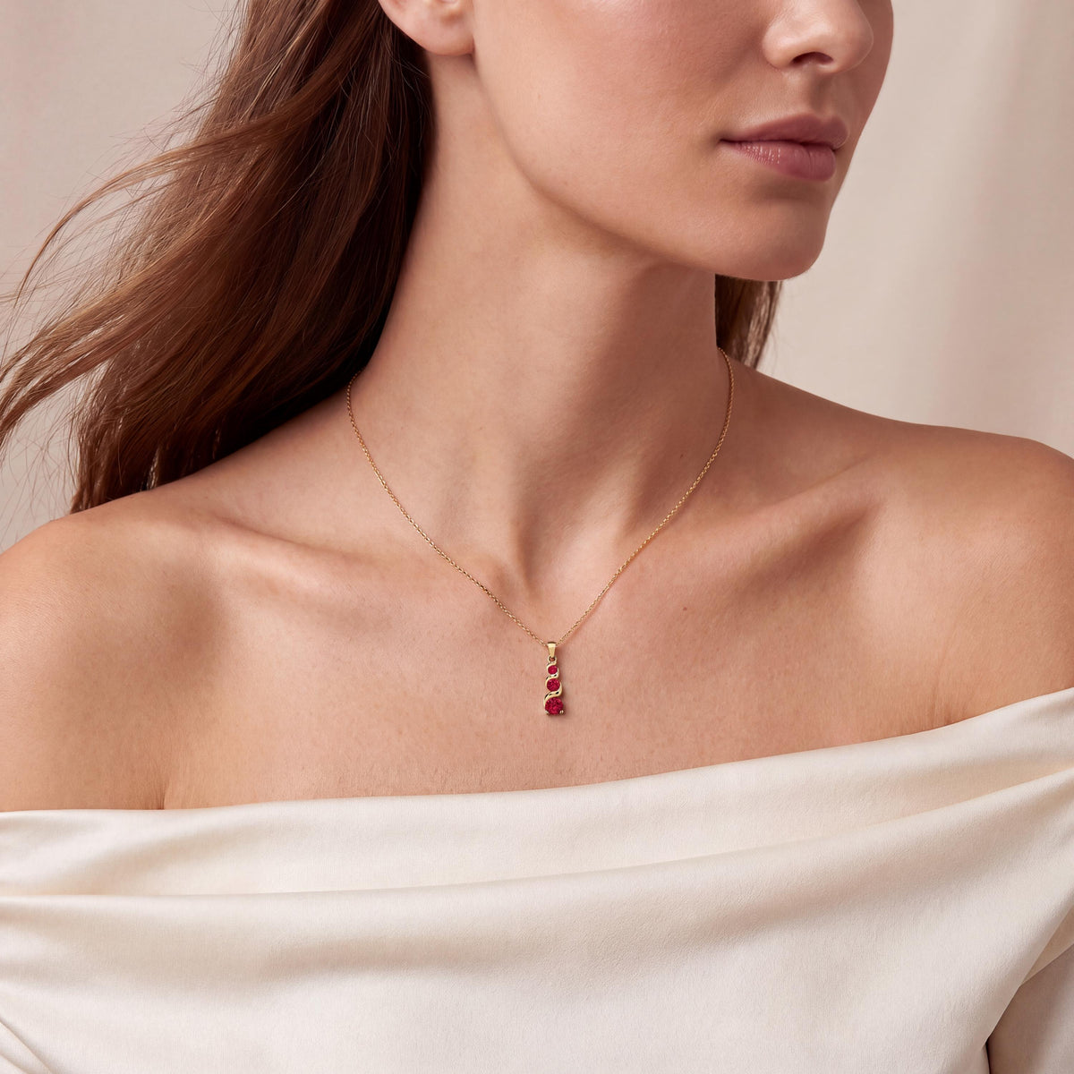 Round Ruby Three Stone Graduated Drop Necklace 14K Solid Gold Pendant