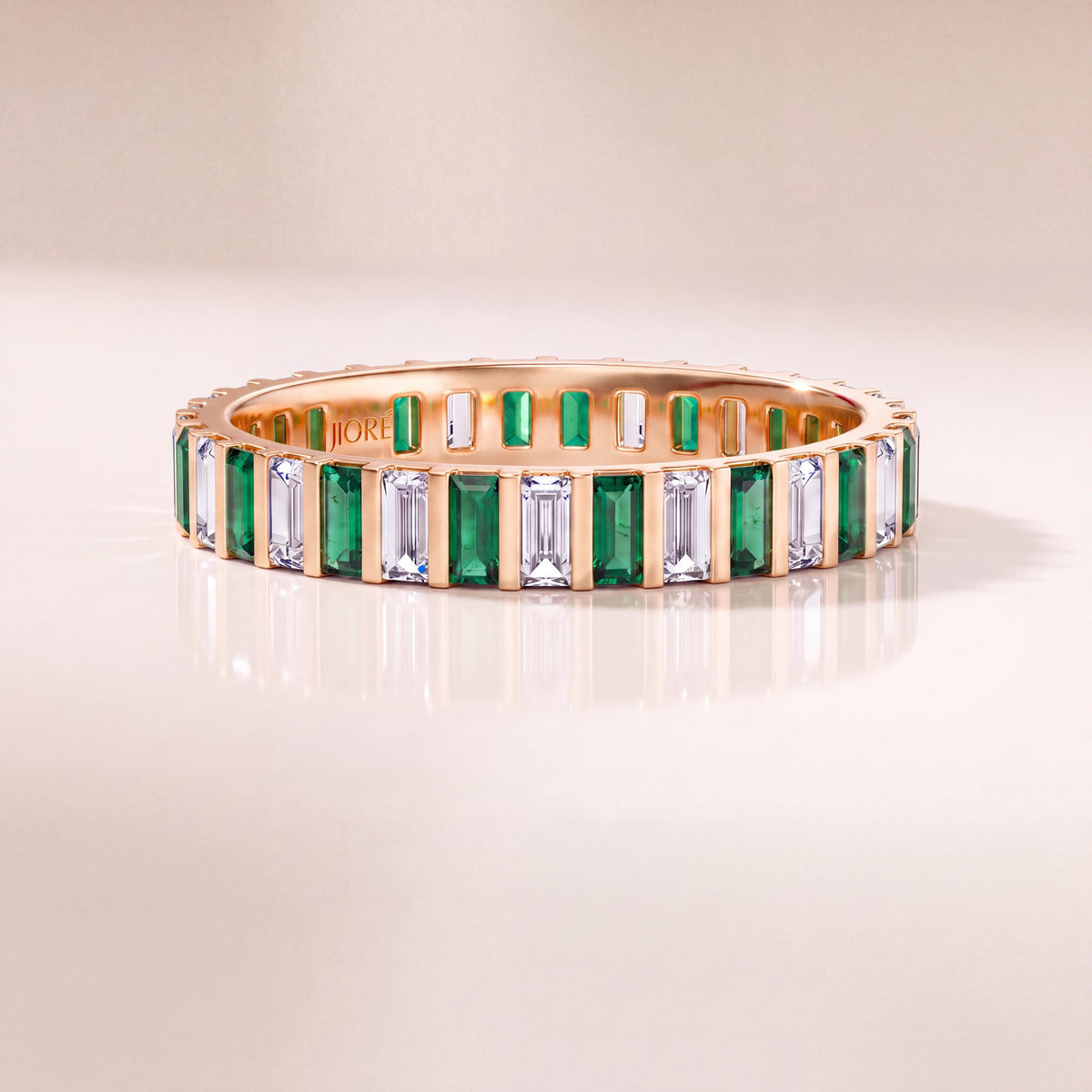 Baguette Cut Vertical Emerald & Diamond Full Eternity Wedding Band Ring 14K Solid Gold Bar Set
