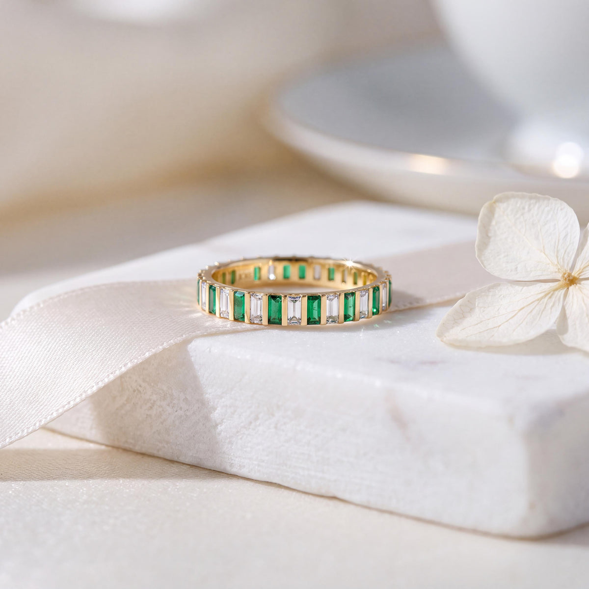 Baguette Cut Vertical Emerald & Diamond Full Eternity Wedding Band Ring 14K Solid Gold Bar Set