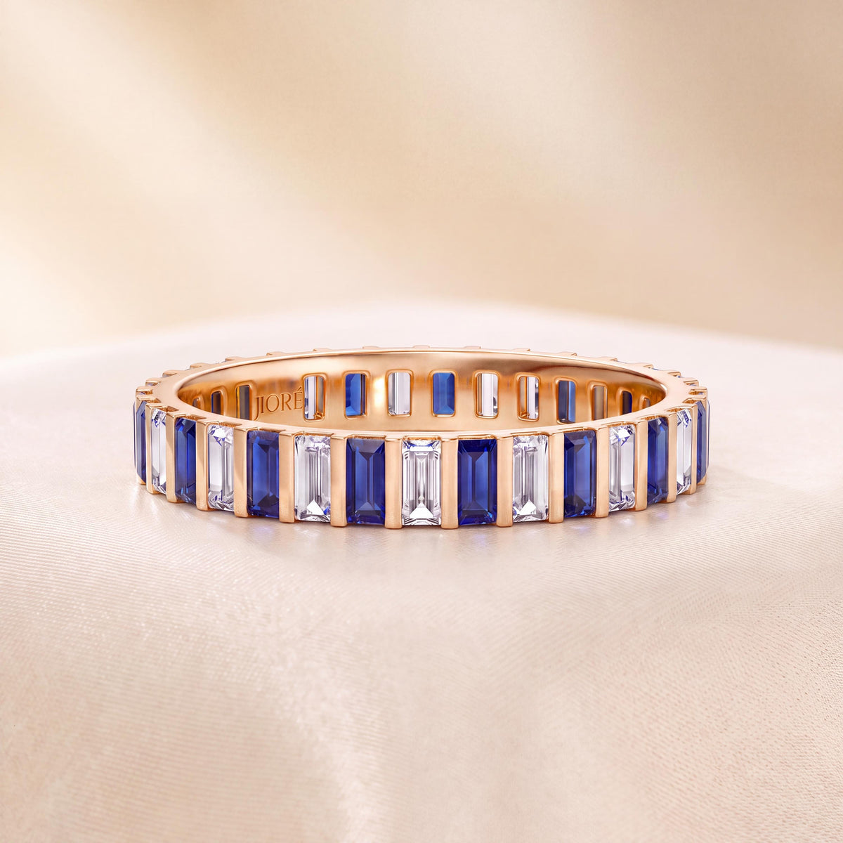 14K Gold Baguette Sapphire & Diamond Eternity Band Ring  Vertical Bar Setting