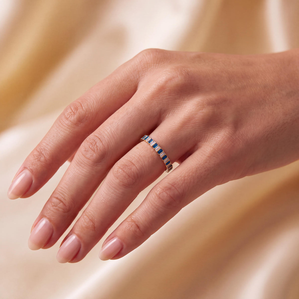 14K Gold Baguette Sapphire & Diamond Eternity Band Ring  Vertical Bar Setting