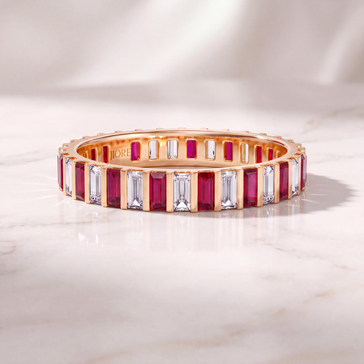 14K Gold Baguette Ruby & Diamond Eternity Band Ring  Vertical Bar Setting