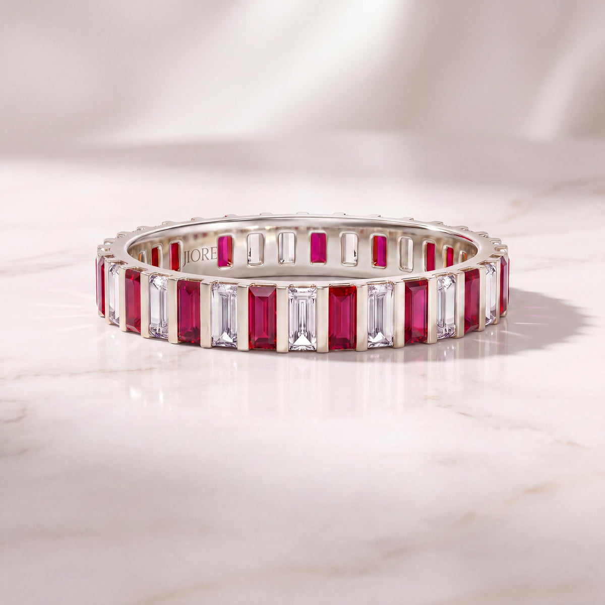 14K Gold Baguette Ruby & Diamond Eternity Band Ring  Vertical Bar Setting