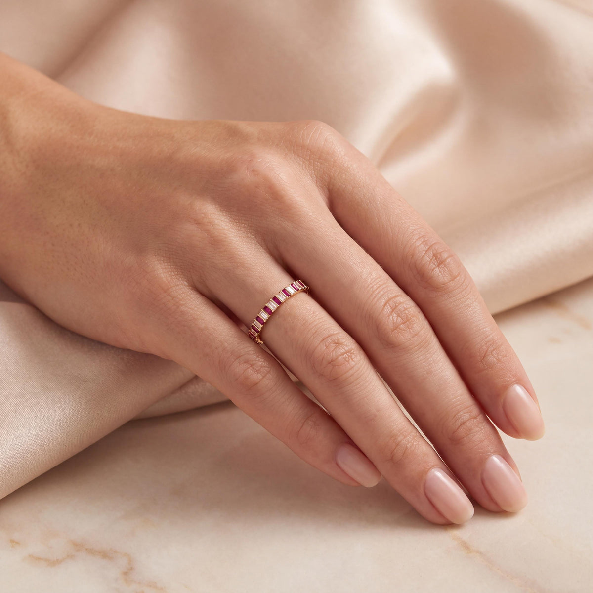 14K Gold Baguette Ruby & Diamond Eternity Band Ring  Vertical Bar Setting
