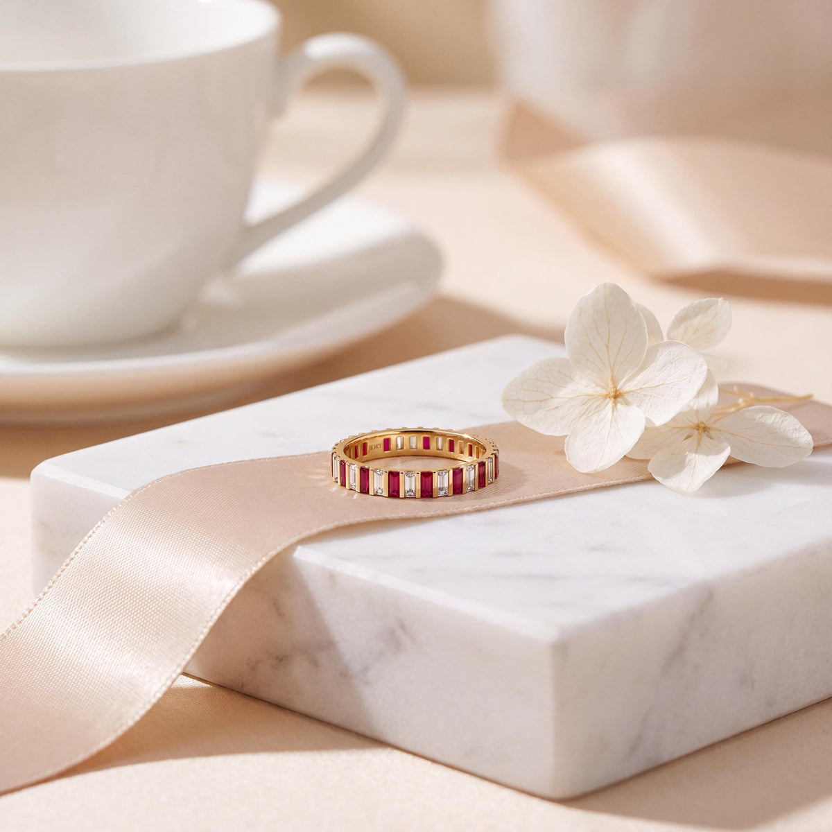 14K Gold Baguette Ruby & Diamond Eternity Band Ring  Vertical Bar Setting
