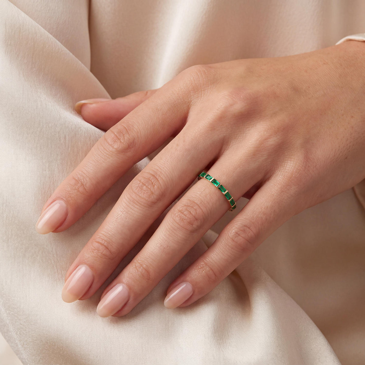 Baguette Cut Emerald Full Eternity Stackable Wedding Band Ring 14K Solid Gold Bar Set