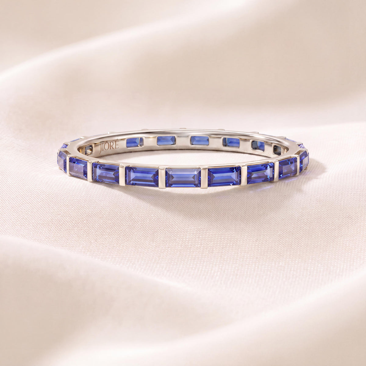 Baguette Cut Sapphire Full Eternity Stackable Wedding Band Ring 14K Solid Gold Bar Set