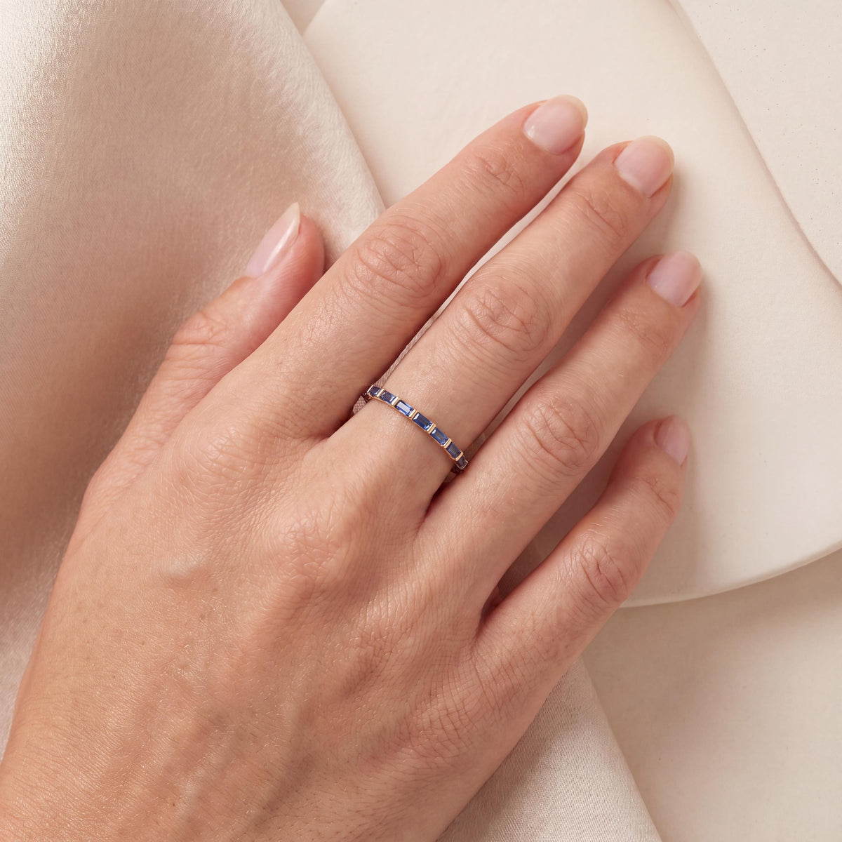 Baguette Cut Sapphire Full Eternity Stackable Wedding Band Ring 14K Solid Gold Bar Set