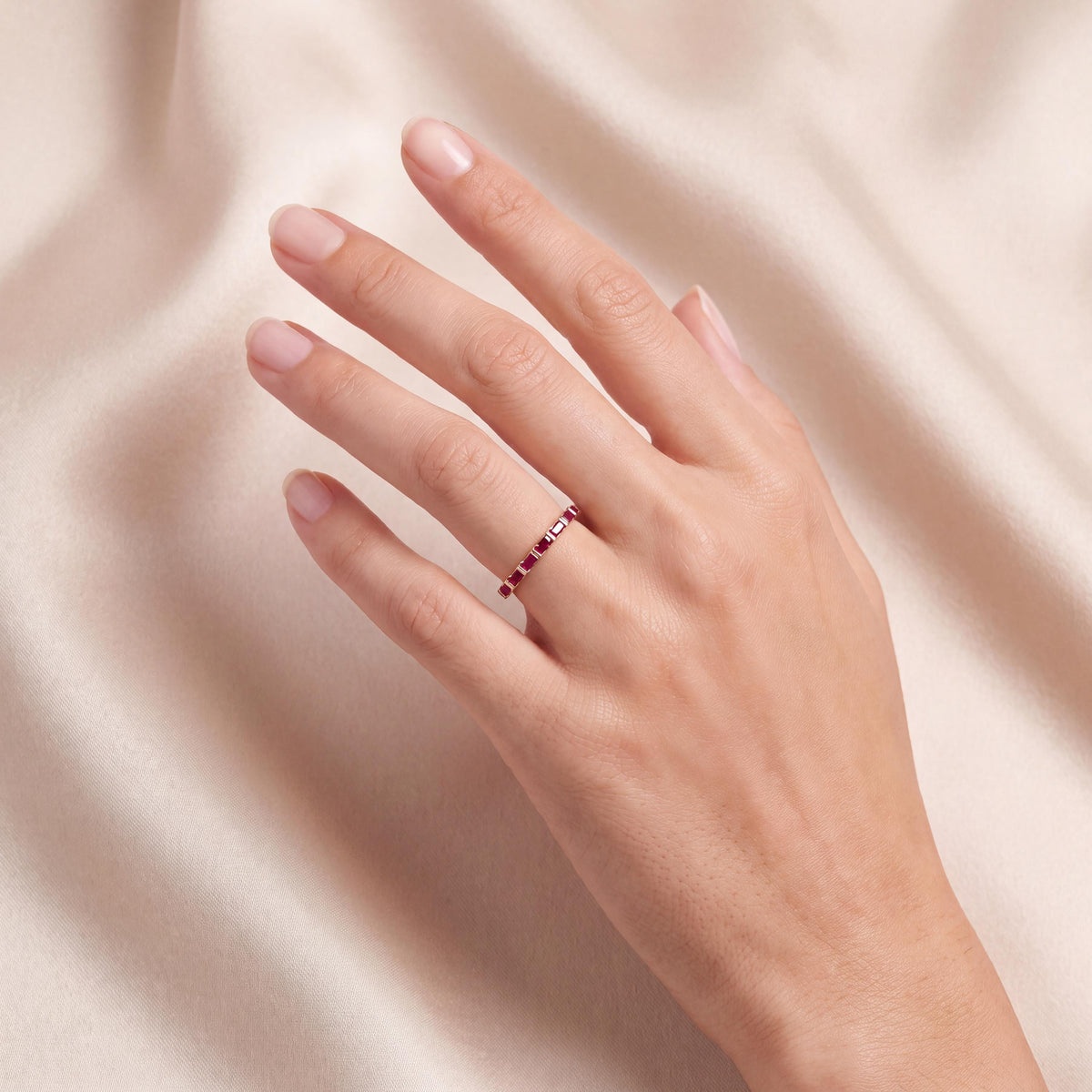 Baguette Cut Ruby Full Eternity Stackable Wedding Band Ring 14K Solid Gold Bar Set