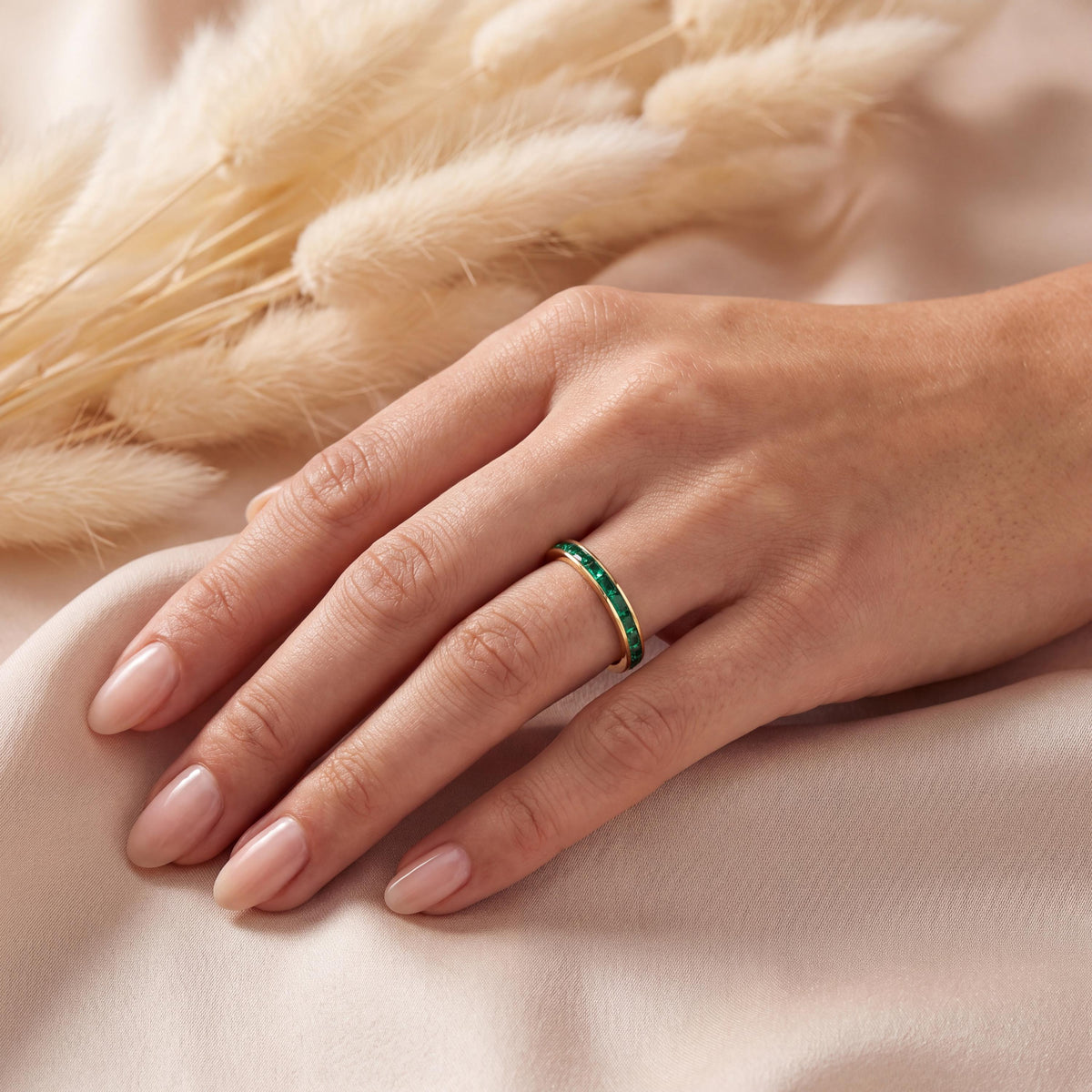 Baguette Cut Emerald Full Eternity Wedding Band Ring 14K Solid Gold Channel Set