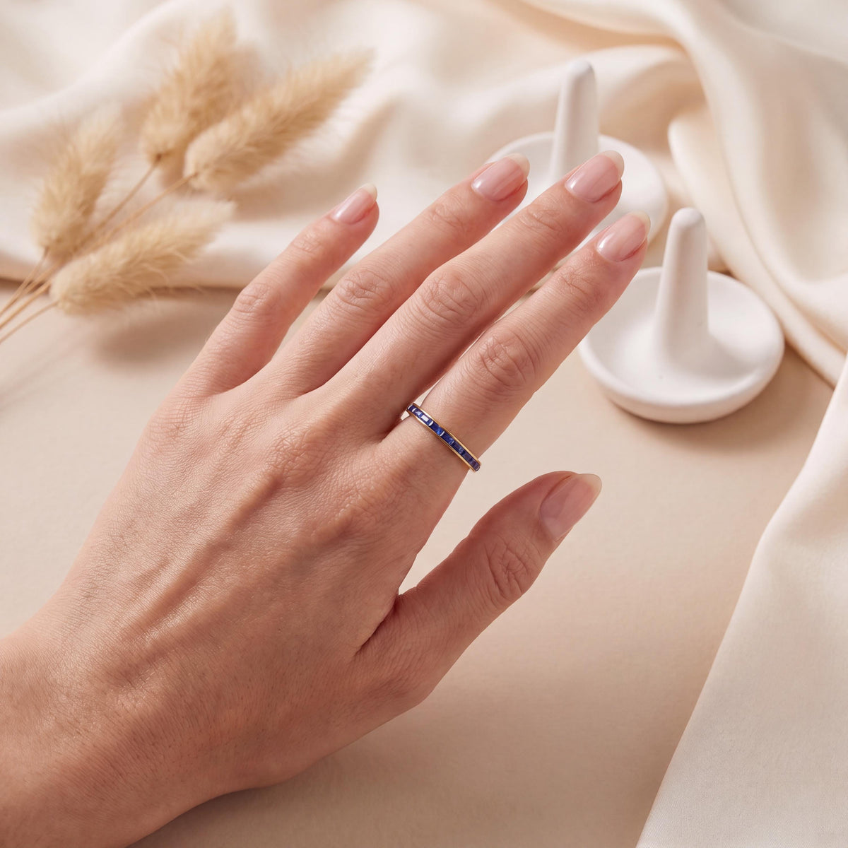 Baguette Cut Sapphire Full Eternity Wedding Band Ring 14K Solid Gold Channel Set