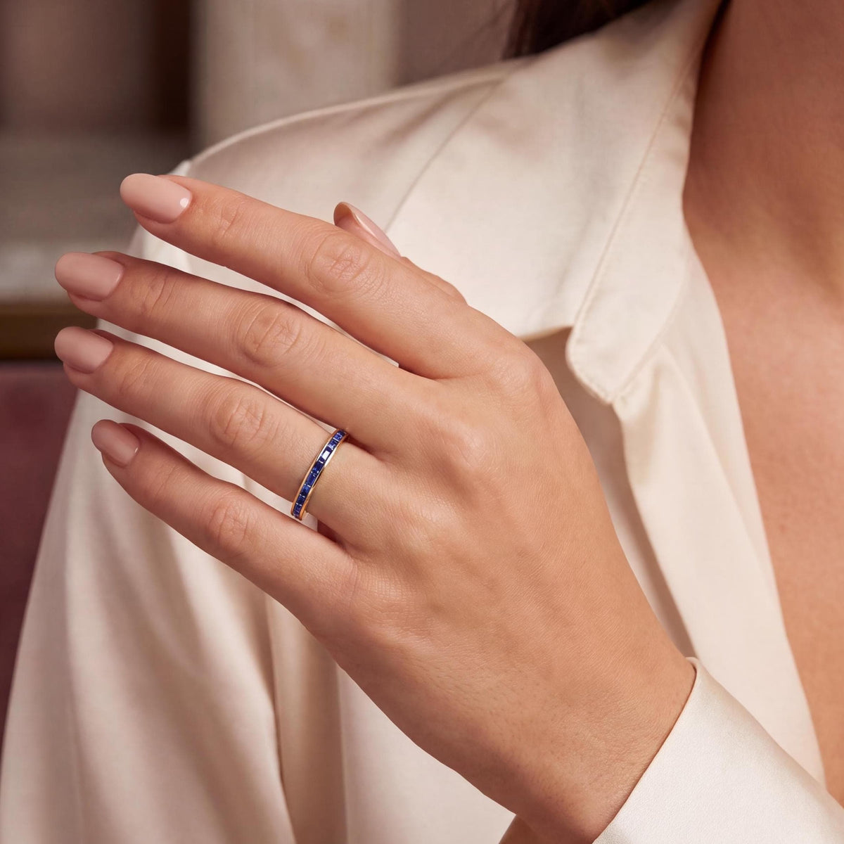 Baguette Cut Sapphire Full Eternity Wedding Band Ring 14K Solid Gold Channel Set