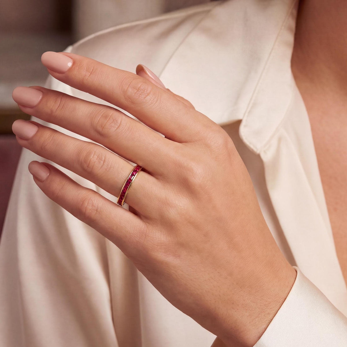 Baguette Cut Ruby Full Eternity Wedding Band Ring 14K Solid Gold Channel Set