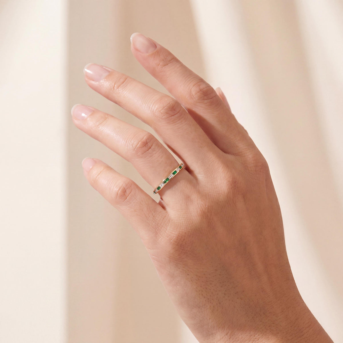 Baguette Cut Emerald & Diamond Full Eternity Wedding Band Ring 14K Solid Gold Channel Set
