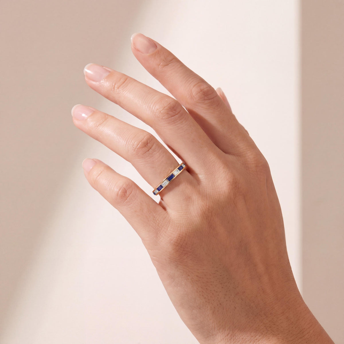 Baguette Cut Sapphire & Diamond Full Eternity Wedding Band Ring 14K Solid Gold Channel Set