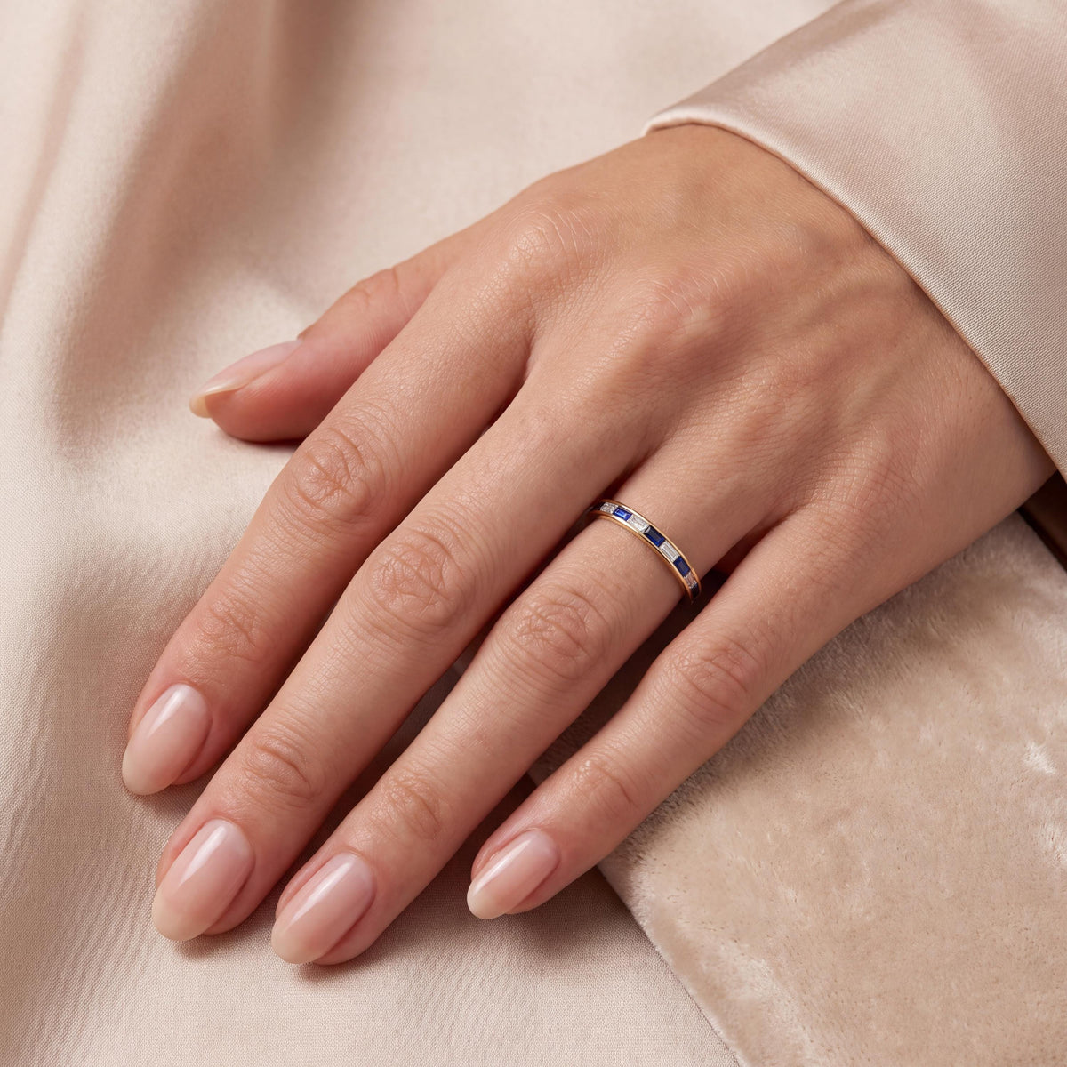 Baguette Cut Sapphire & Diamond Full Eternity Wedding Band Ring 14K Solid Gold Channel Set