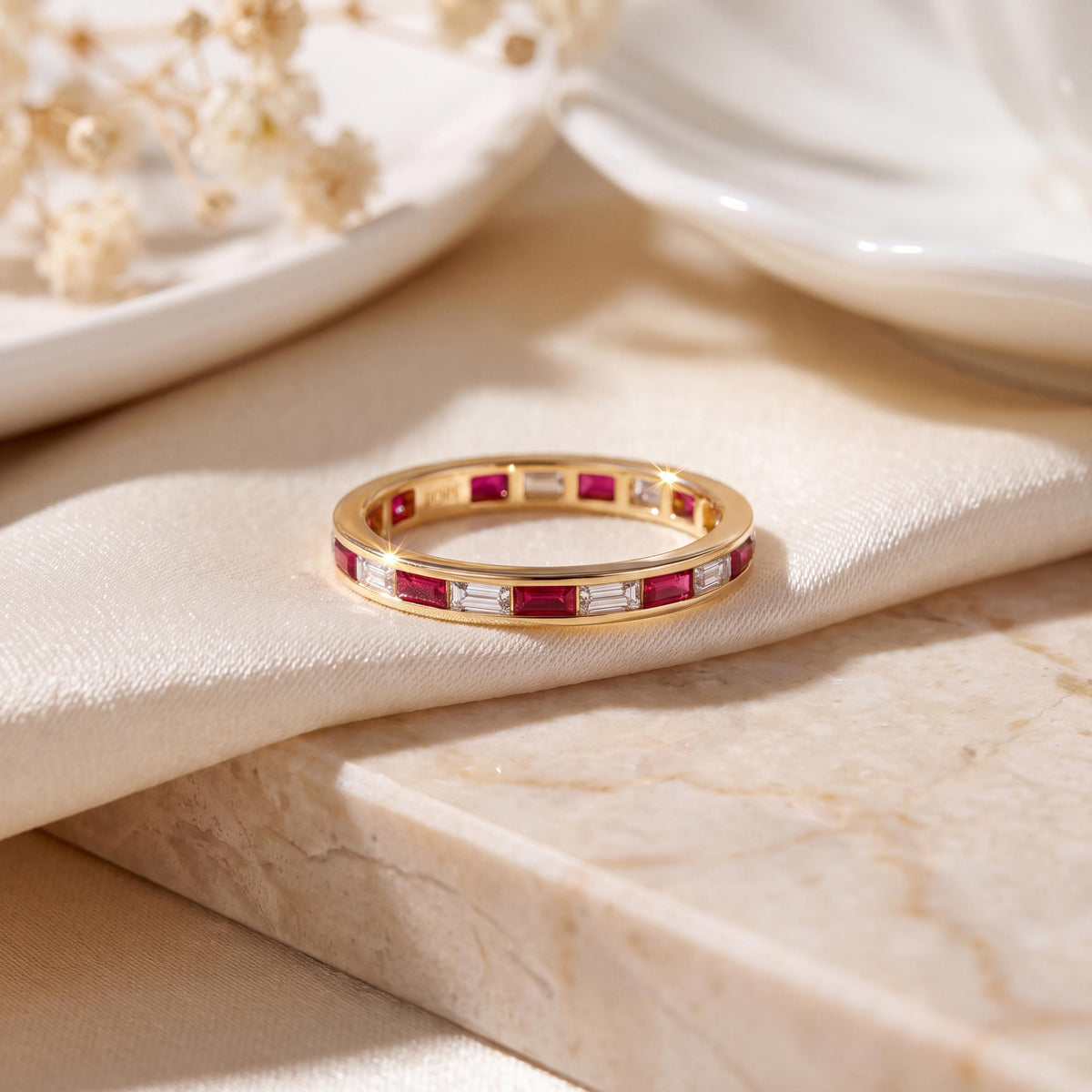 Baguette Cut Ruby & Diamond Full Eternity Wedding Band Ring 14K Solid Gold Channel Set