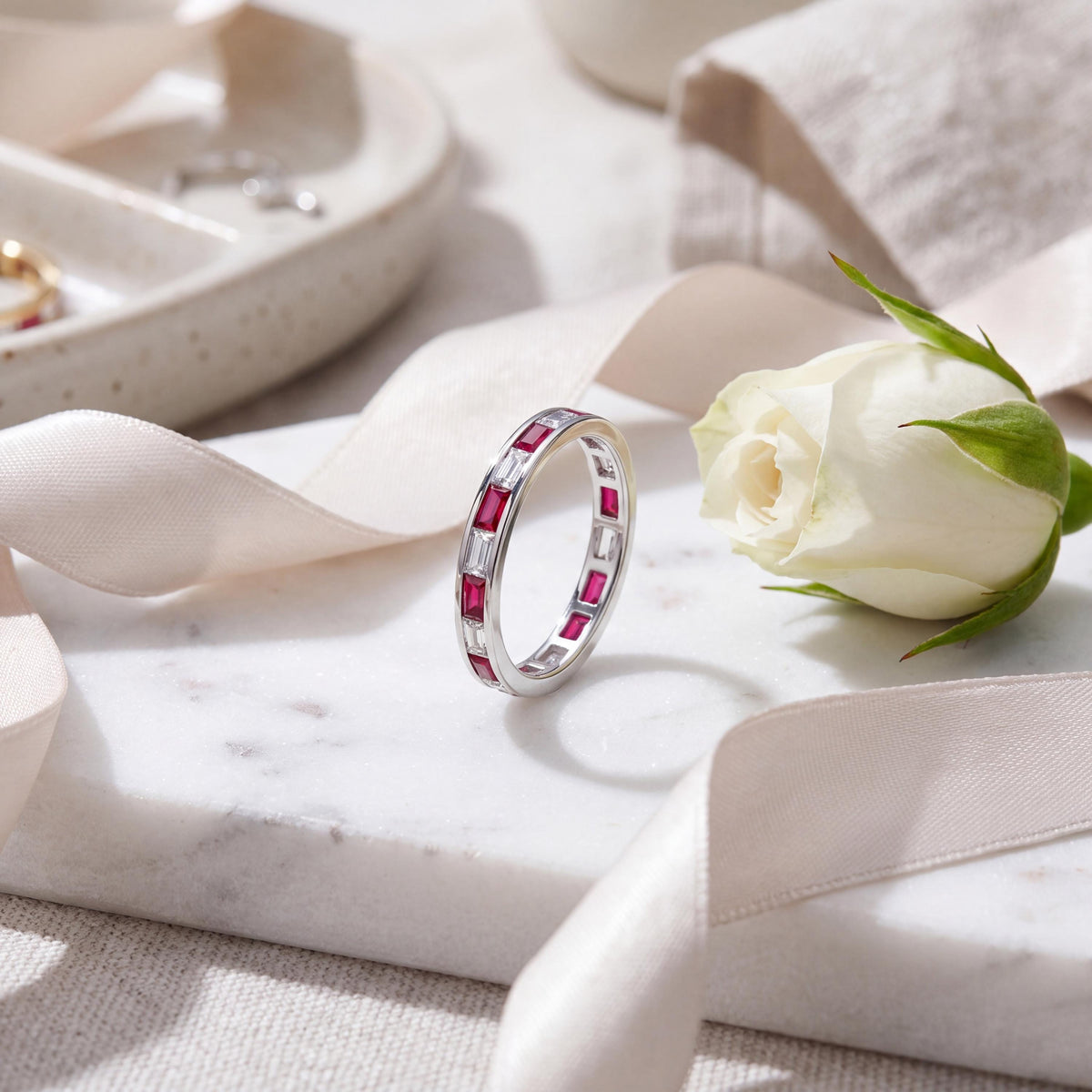 Baguette Cut Ruby & Diamond Full Eternity Wedding Band Ring 14K Solid Gold Channel Set