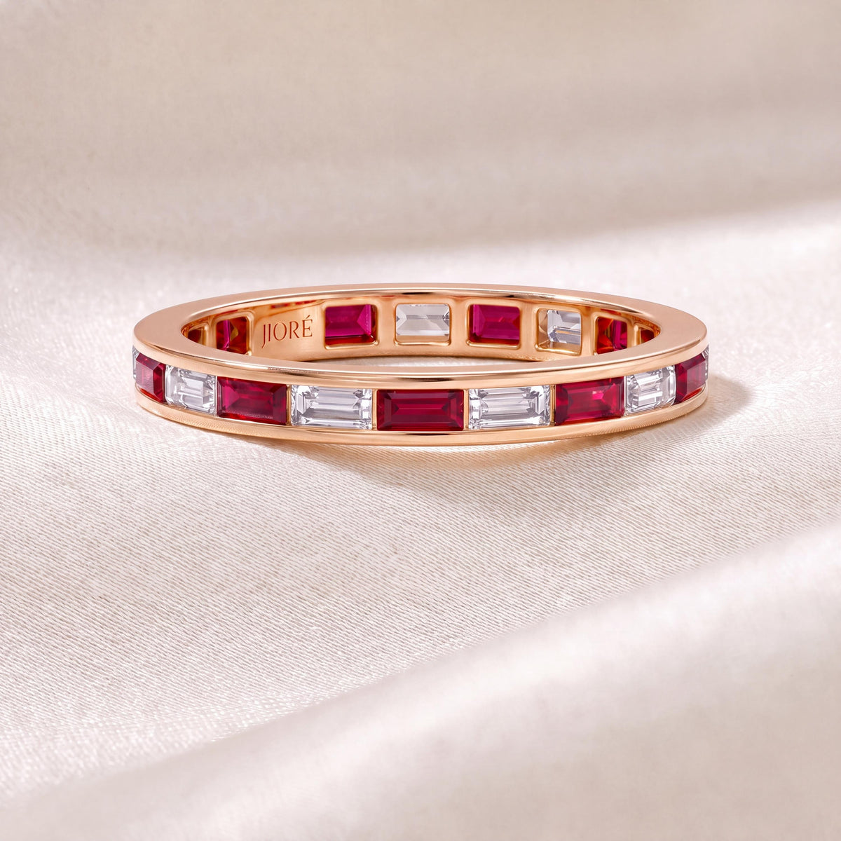 Baguette Cut Ruby & Diamond Full Eternity Wedding Band Ring 14K Solid Gold Channel Set