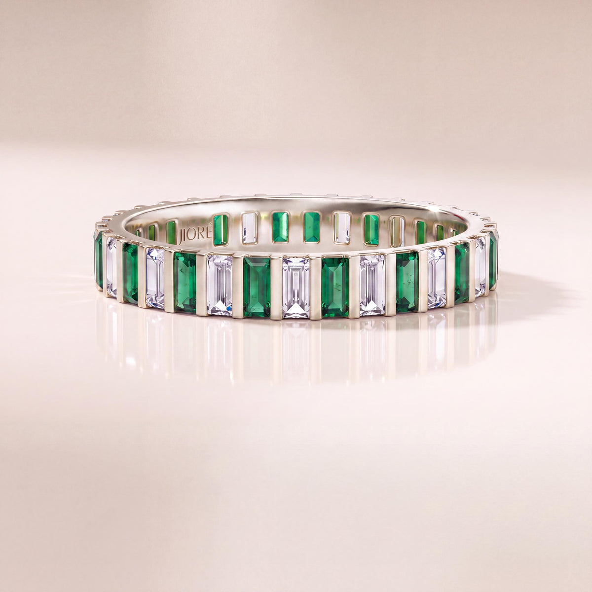 Baguette Cut Vertical Emerald & Diamond Full Eternity Wedding Band Ring 14K Solid Gold Bar Set