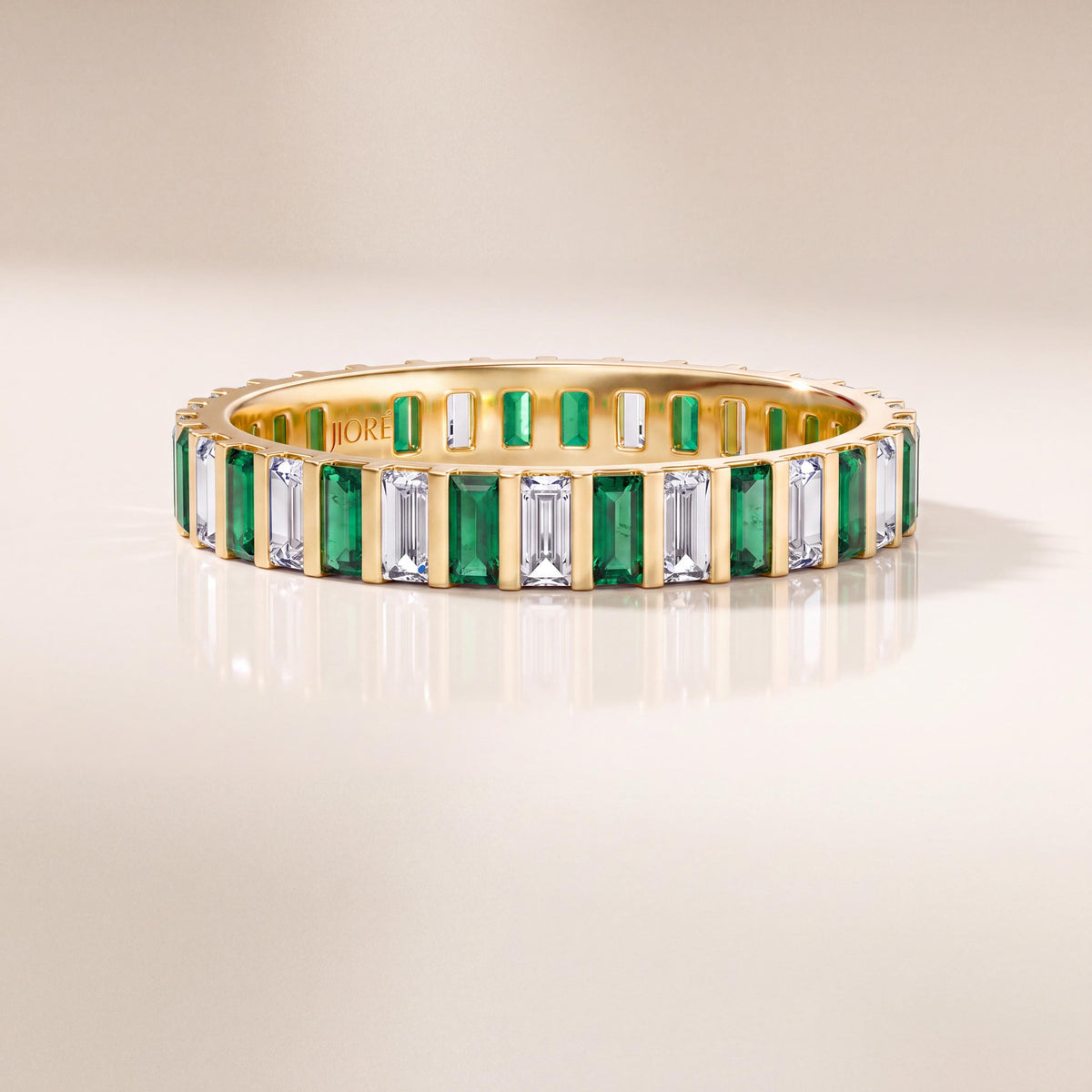 Baguette Cut Vertical Emerald & Diamond Full Eternity Wedding Band Ring 14K Solid Gold Bar Set