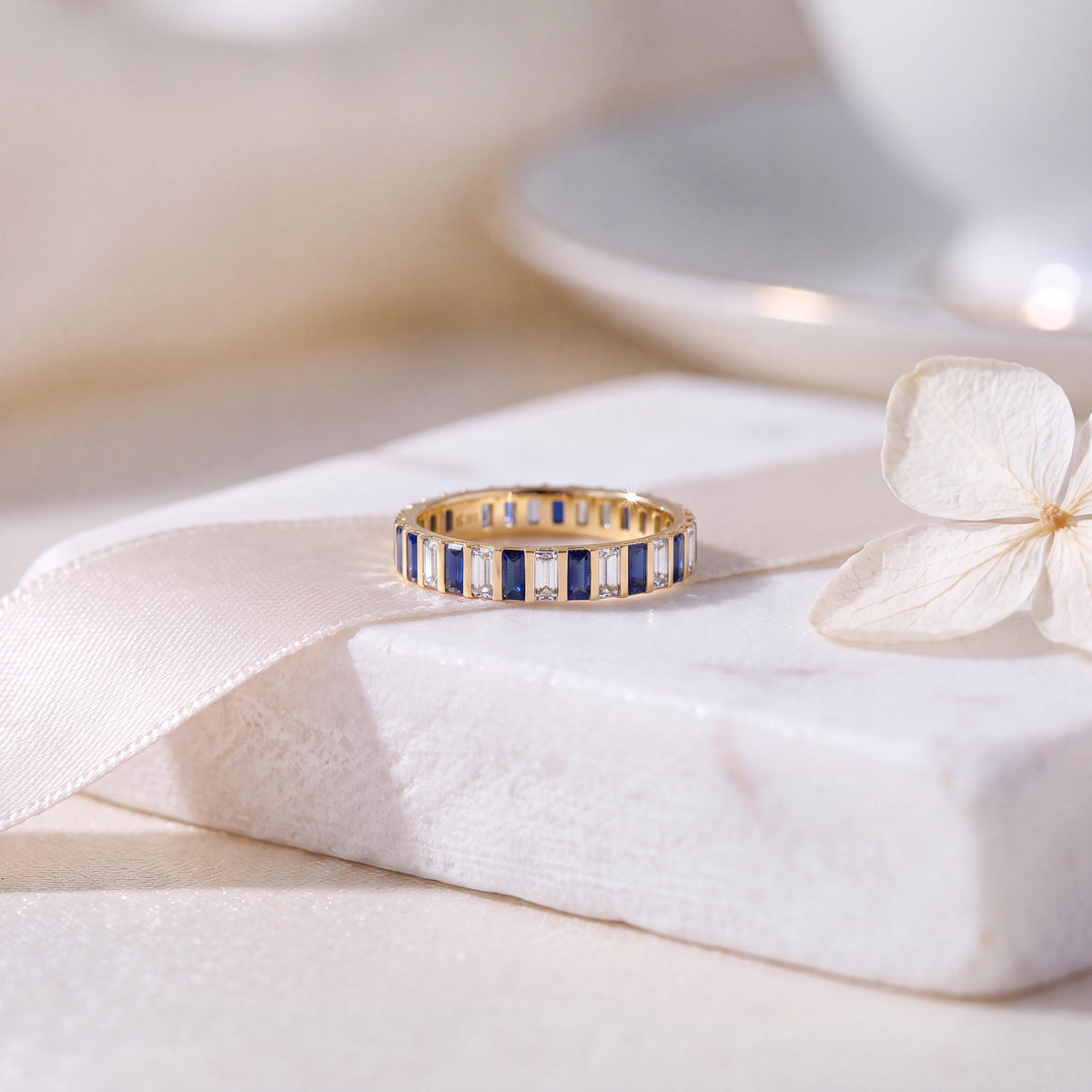 14K Gold Baguette Sapphire & Diamond Eternity Band Ring  Vertical Bar Setting