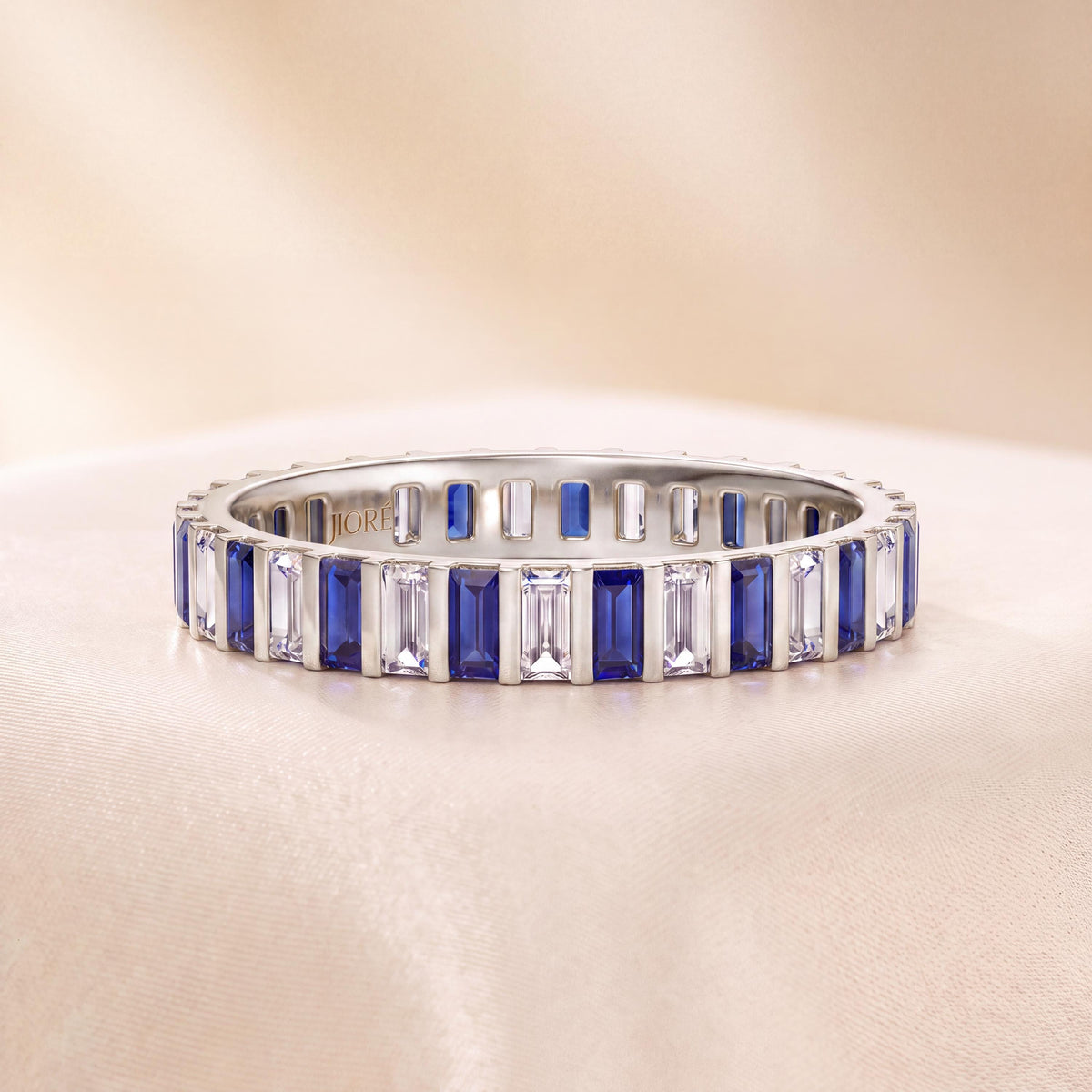 14K Gold Baguette Sapphire & Diamond Eternity Band Ring  Vertical Bar Setting