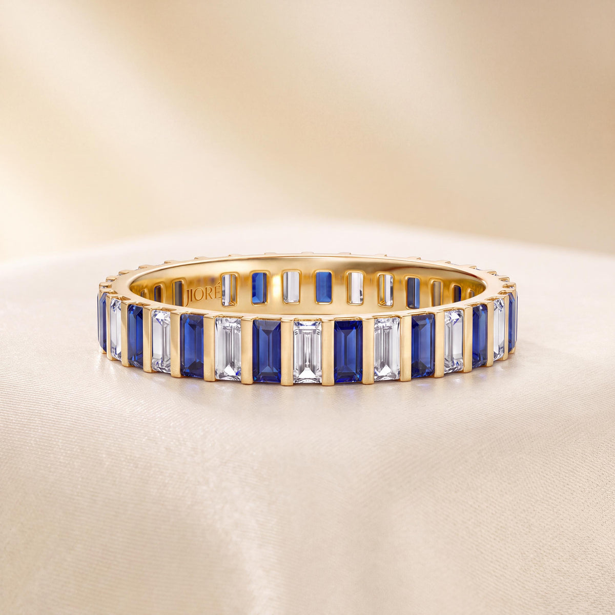 14K Gold Baguette Sapphire & Diamond Eternity Band Ring  Vertical Bar Setting