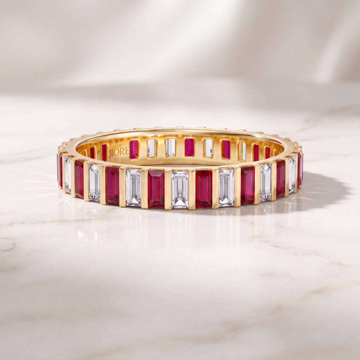 14K Gold Baguette Ruby & Diamond Eternity Band Ring  Vertical Bar Setting