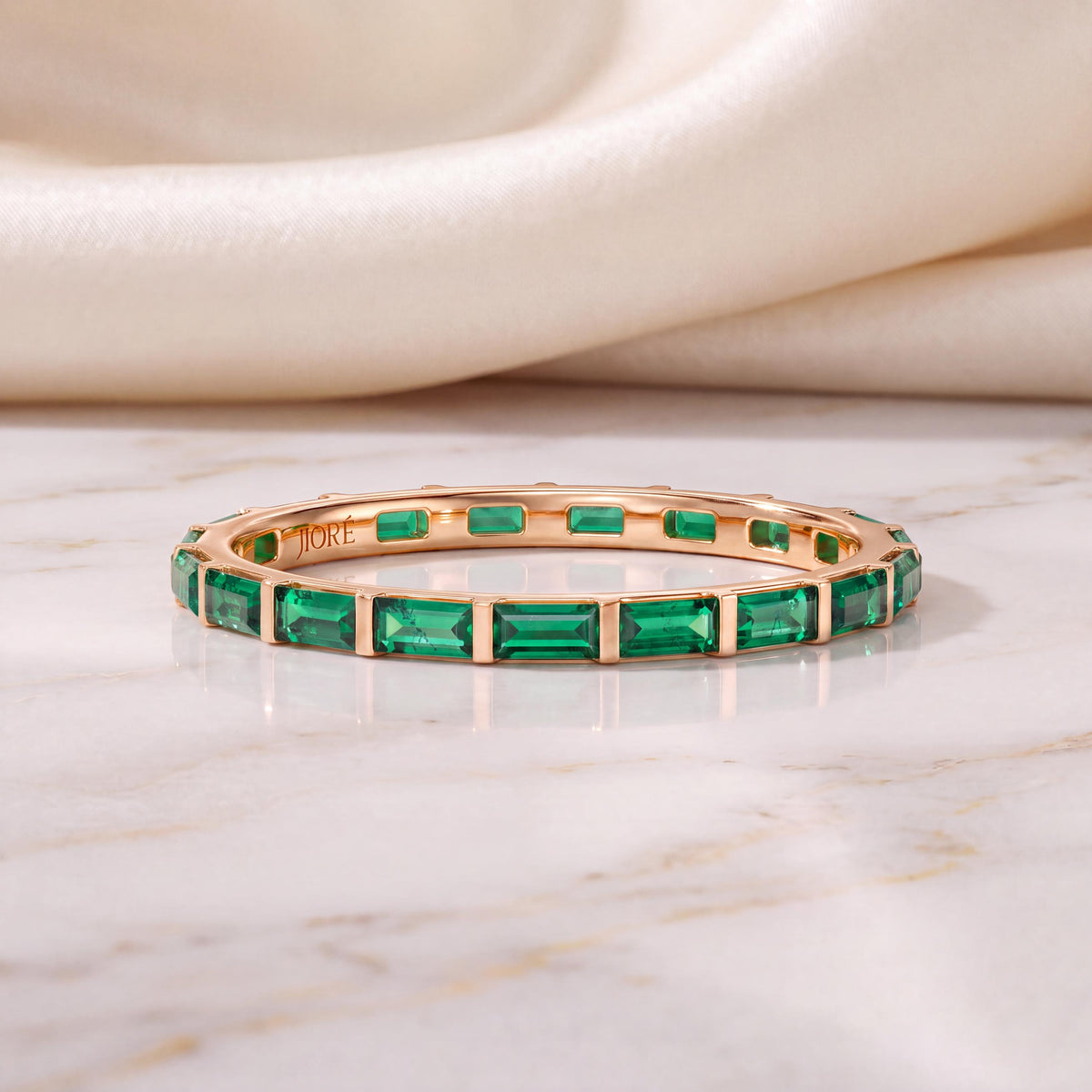 Baguette Cut Emerald Full Eternity Stackable Wedding Band Ring 14K Solid Gold Bar Set