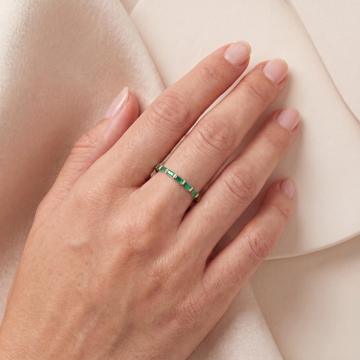 Baguette Cut Emerald Full Eternity Stackable Wedding Band Ring 14K Solid Gold Bar Set