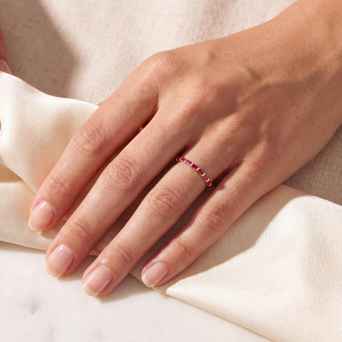 Baguette Cut Ruby Full Eternity Stackable Wedding Band Ring 14K Solid Gold Bar Set