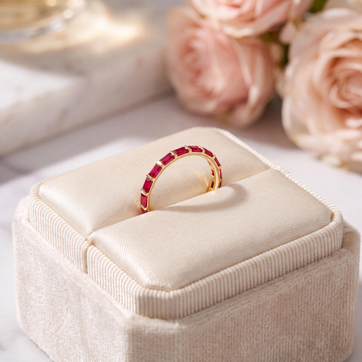 Baguette Cut Ruby Full Eternity Stackable Wedding Band Ring 14K Solid Gold Bar Set