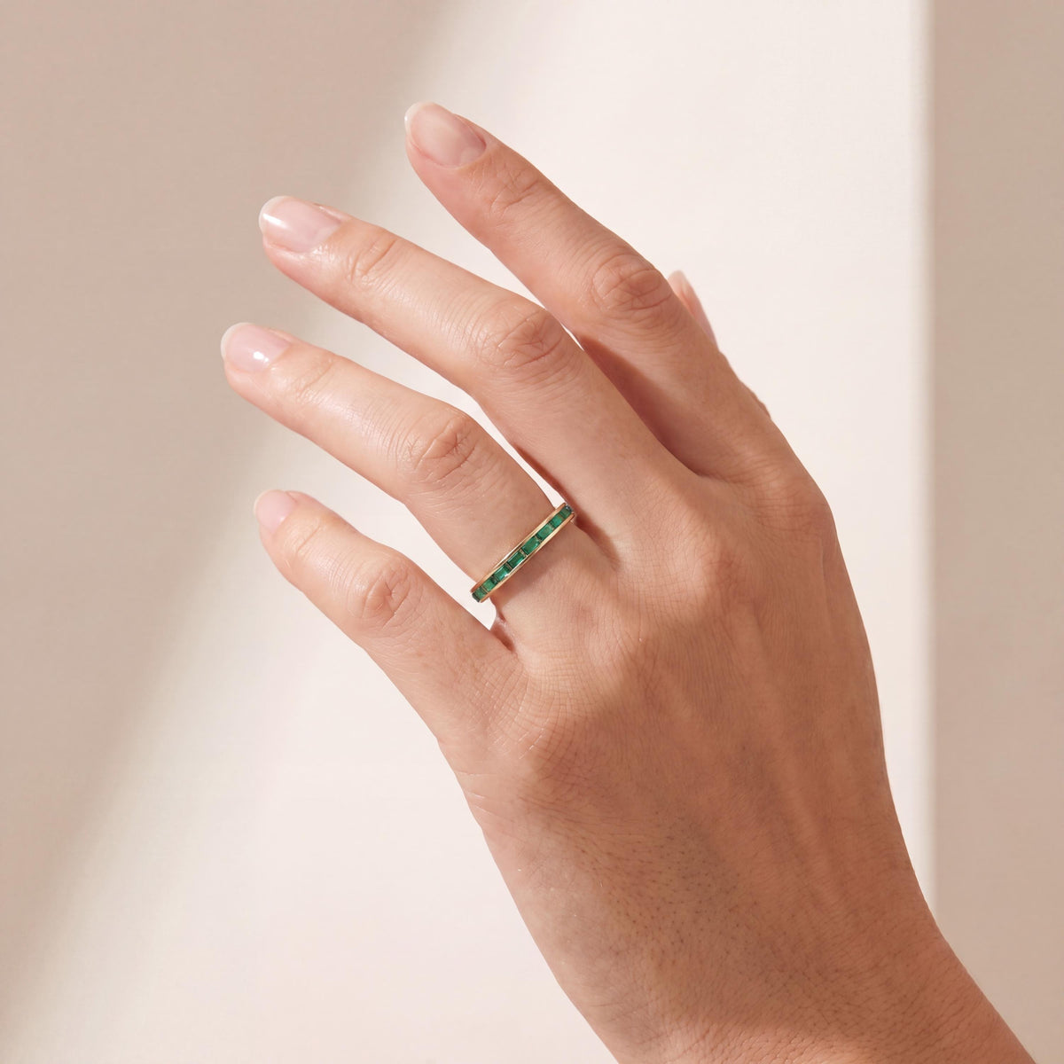 Baguette Cut Emerald Full Eternity Wedding Band Ring 14K Solid Gold Channel Set
