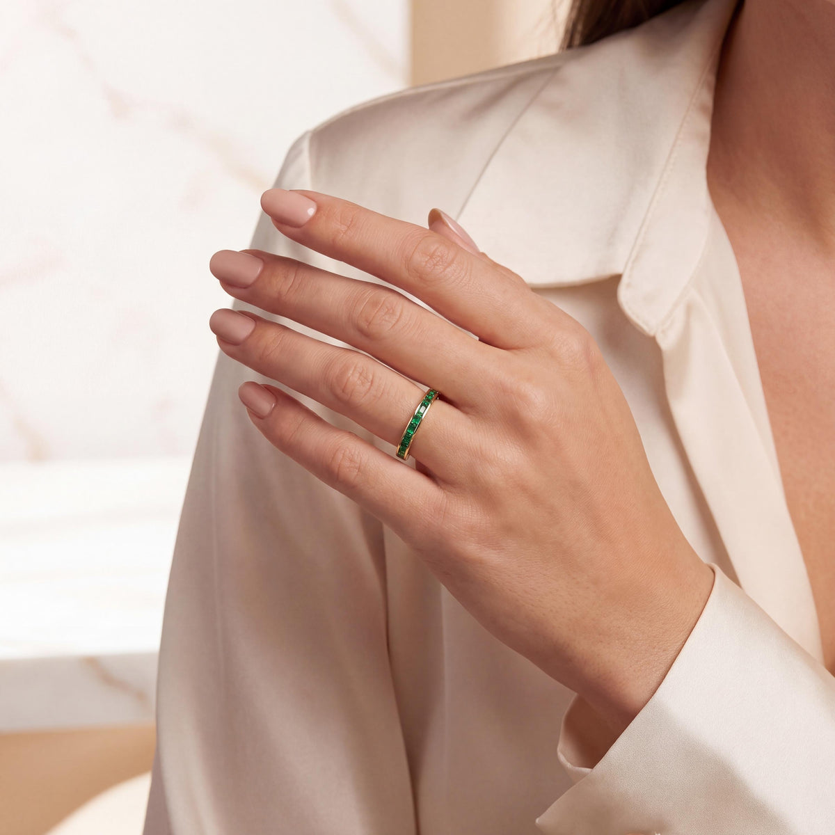 Baguette Cut Emerald Full Eternity Wedding Band Ring 14K Solid Gold Channel Set