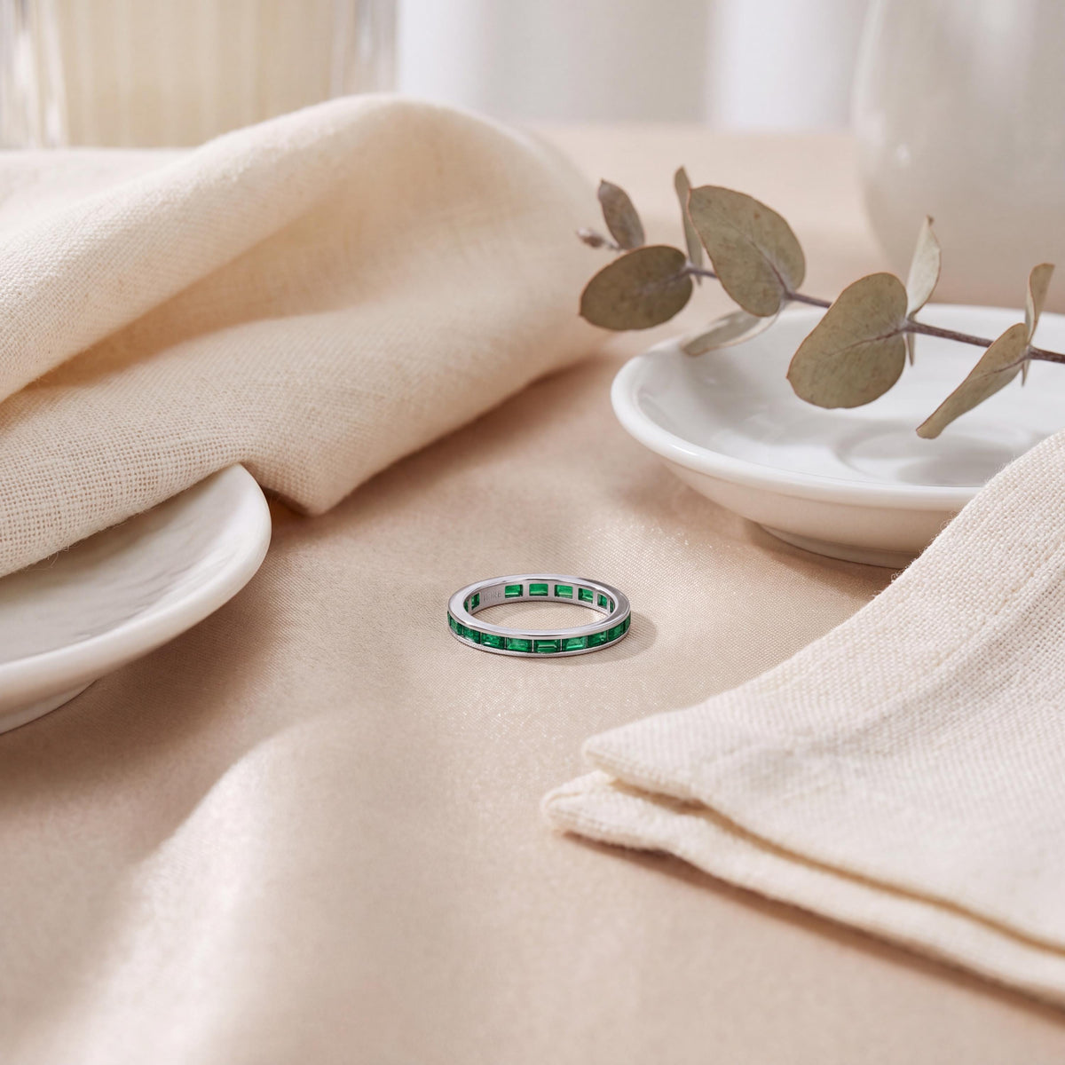 Baguette Cut Emerald Full Eternity Wedding Band Ring 14K Solid Gold Channel Set
