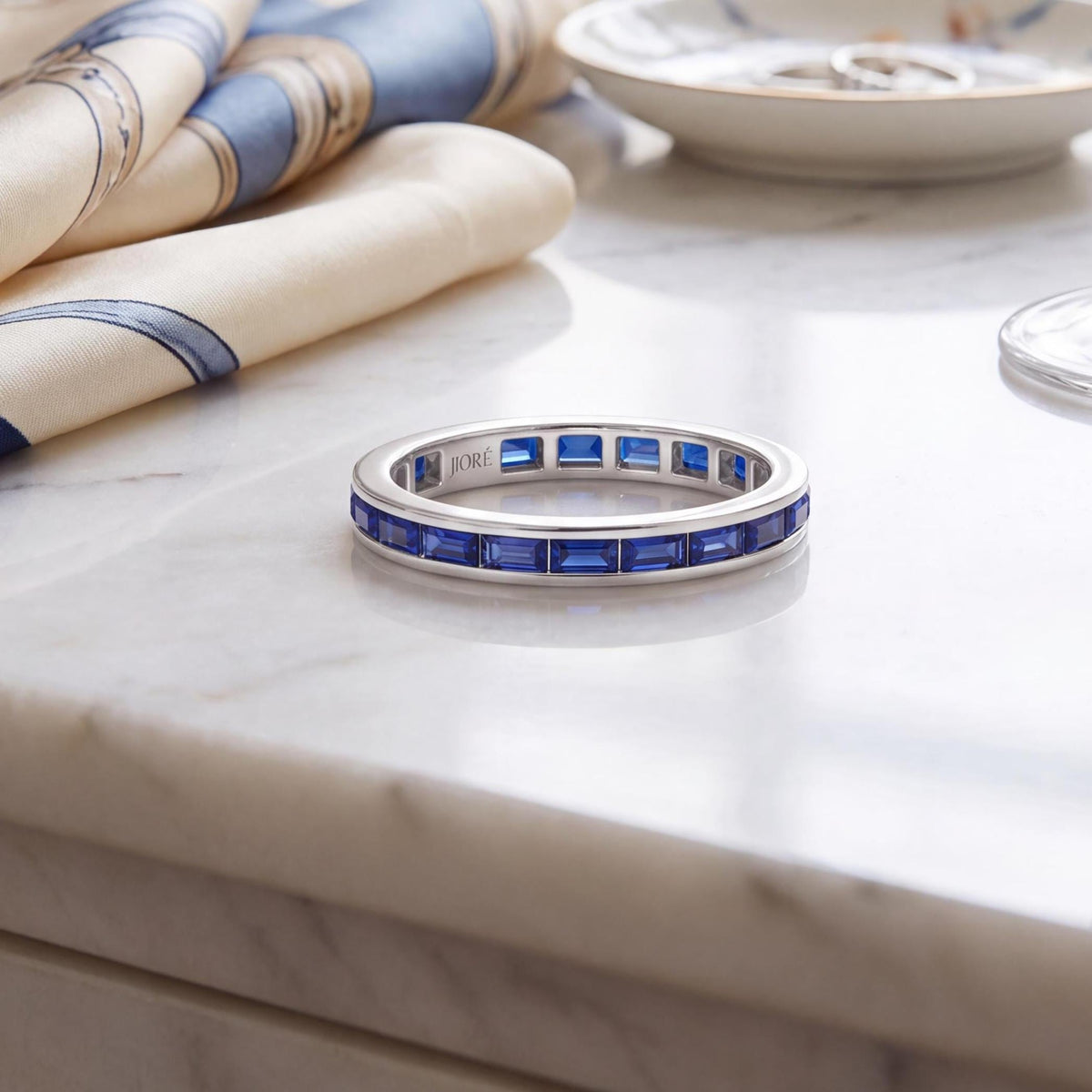 Baguette Cut Sapphire Full Eternity Wedding Band Ring 14K Solid Gold Channel Set