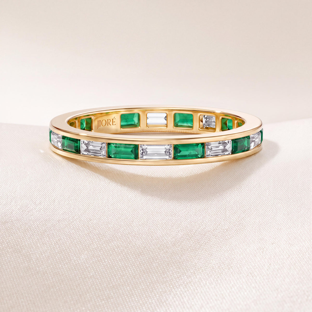 Baguette Cut Emerald & Diamond Full Eternity Wedding Band Ring 14K Solid Gold Channel Set