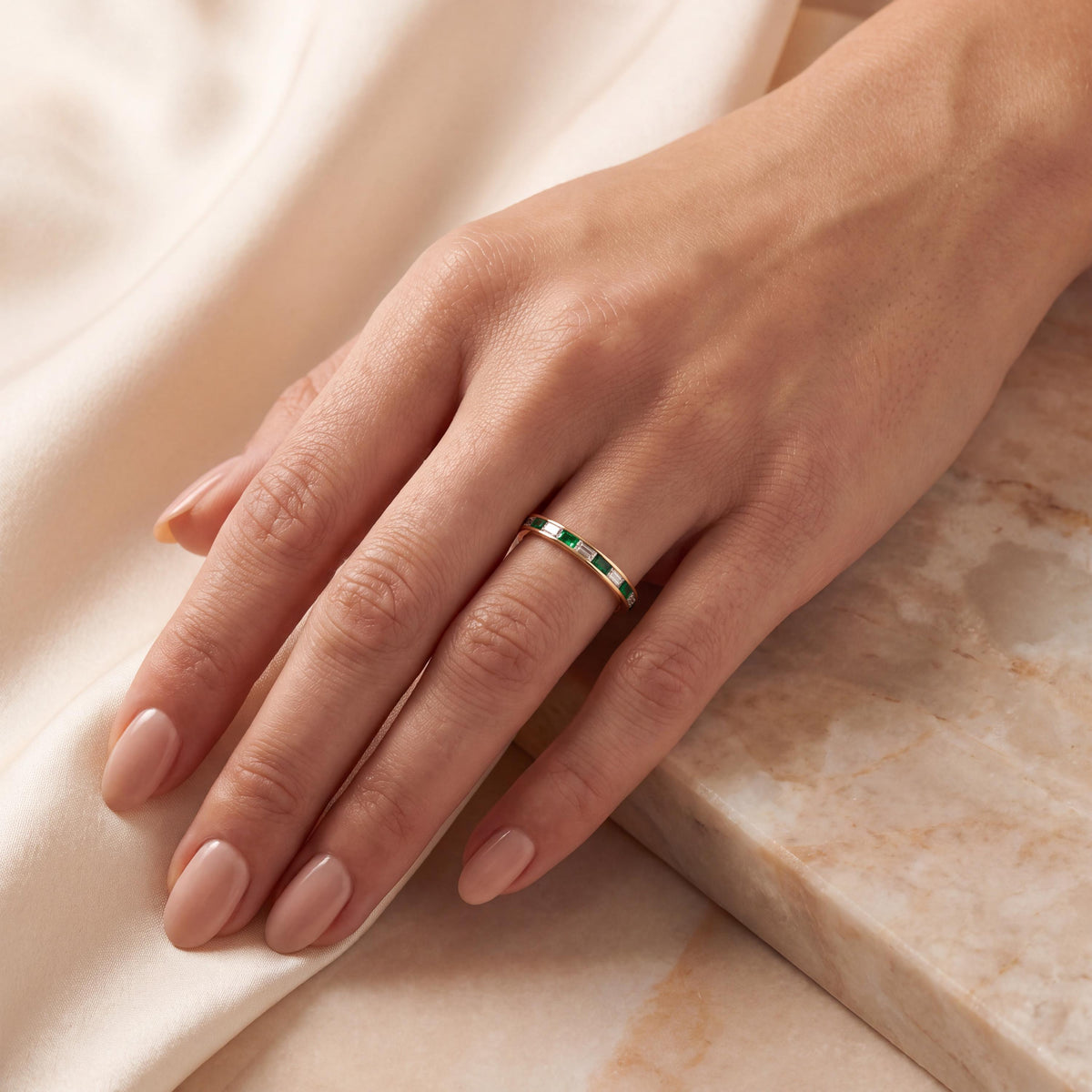Baguette Cut Emerald & Diamond Full Eternity Wedding Band Ring 14K Solid Gold Channel Set