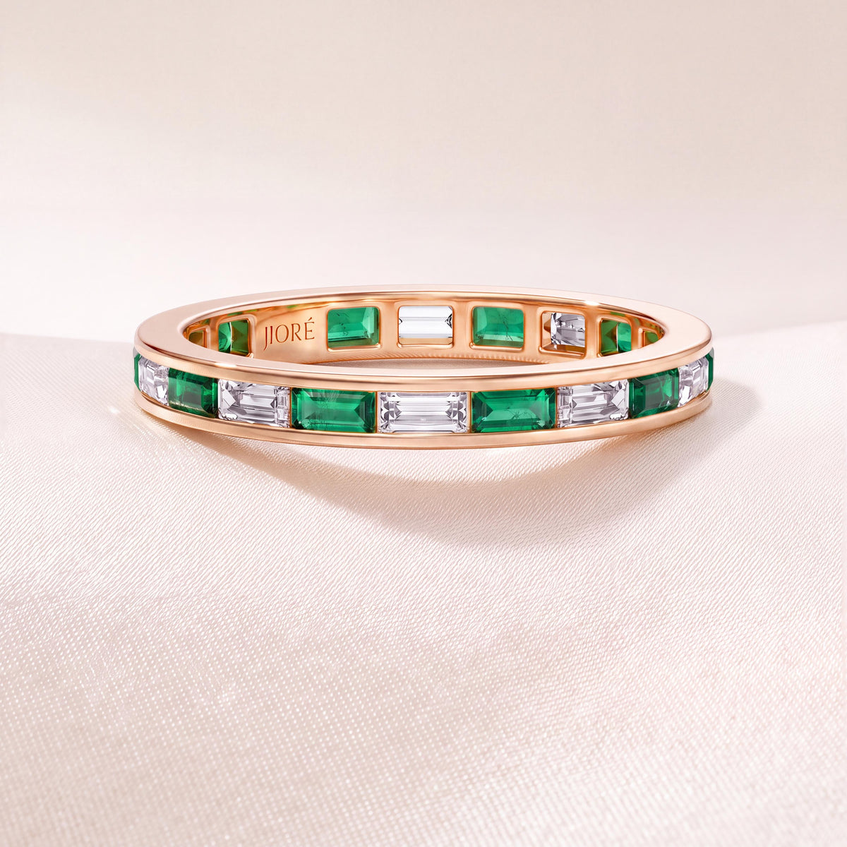 Baguette Cut Emerald & Diamond Full Eternity Wedding Band Ring 14K Solid Gold Channel Set