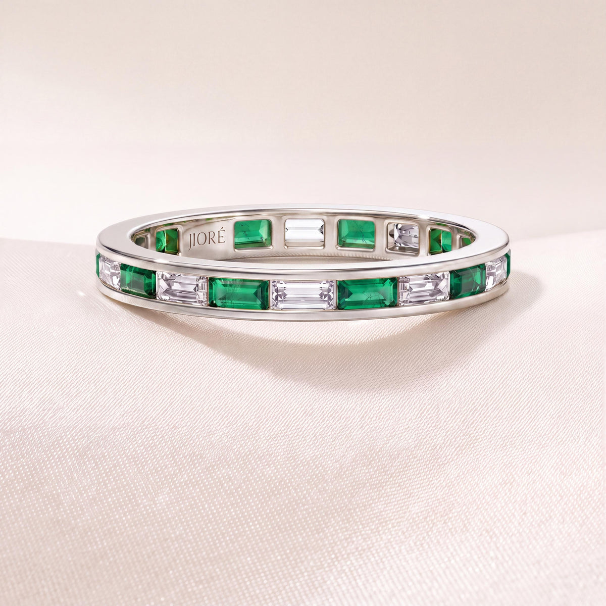 Baguette Cut Emerald & Diamond Full Eternity Wedding Band Ring 14K Solid Gold Channel Set