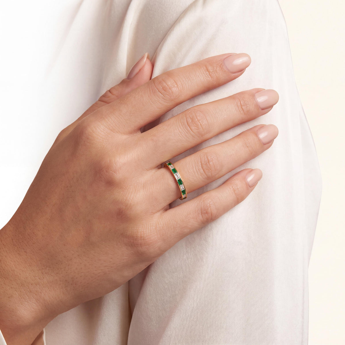 Baguette Cut Emerald & Diamond Full Eternity Wedding Band Ring 14K Solid Gold Channel Set