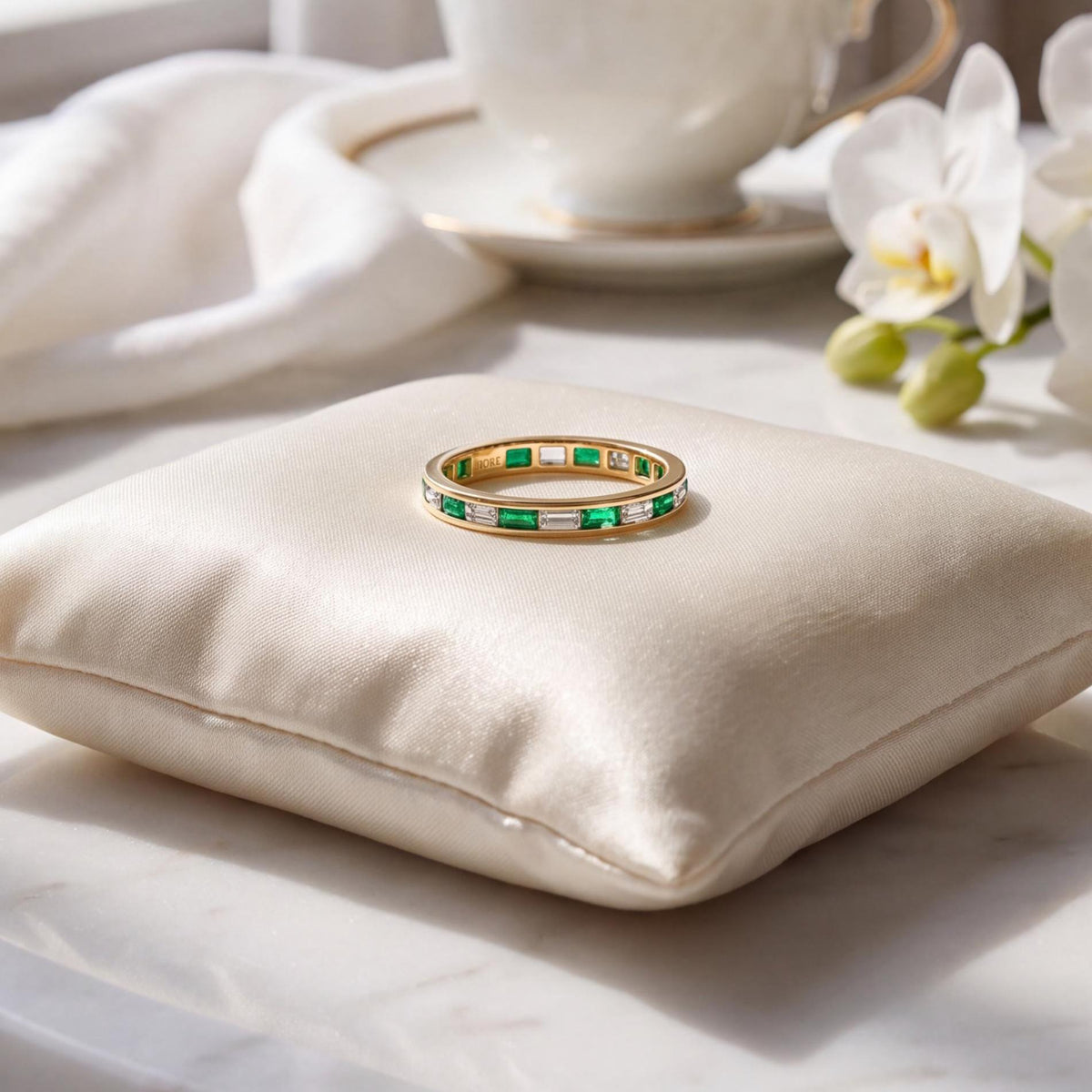 Baguette Cut Emerald & Diamond Full Eternity Wedding Band Ring 14K Solid Gold Channel Set