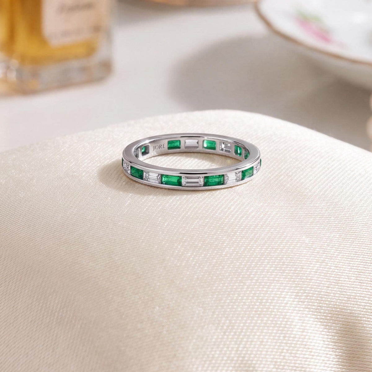 Baguette Cut Emerald & Diamond Full Eternity Wedding Band Ring 14K Solid Gold Channel Set