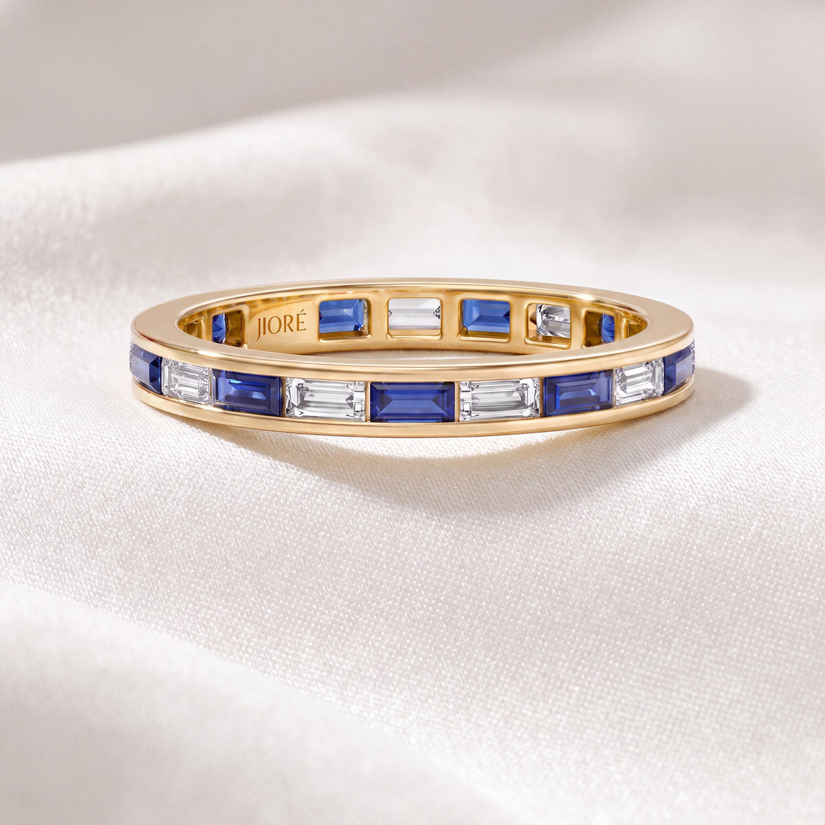 Baguette Cut Sapphire & Diamond Full Eternity Wedding Band Ring 14K Solid Gold Channel Set