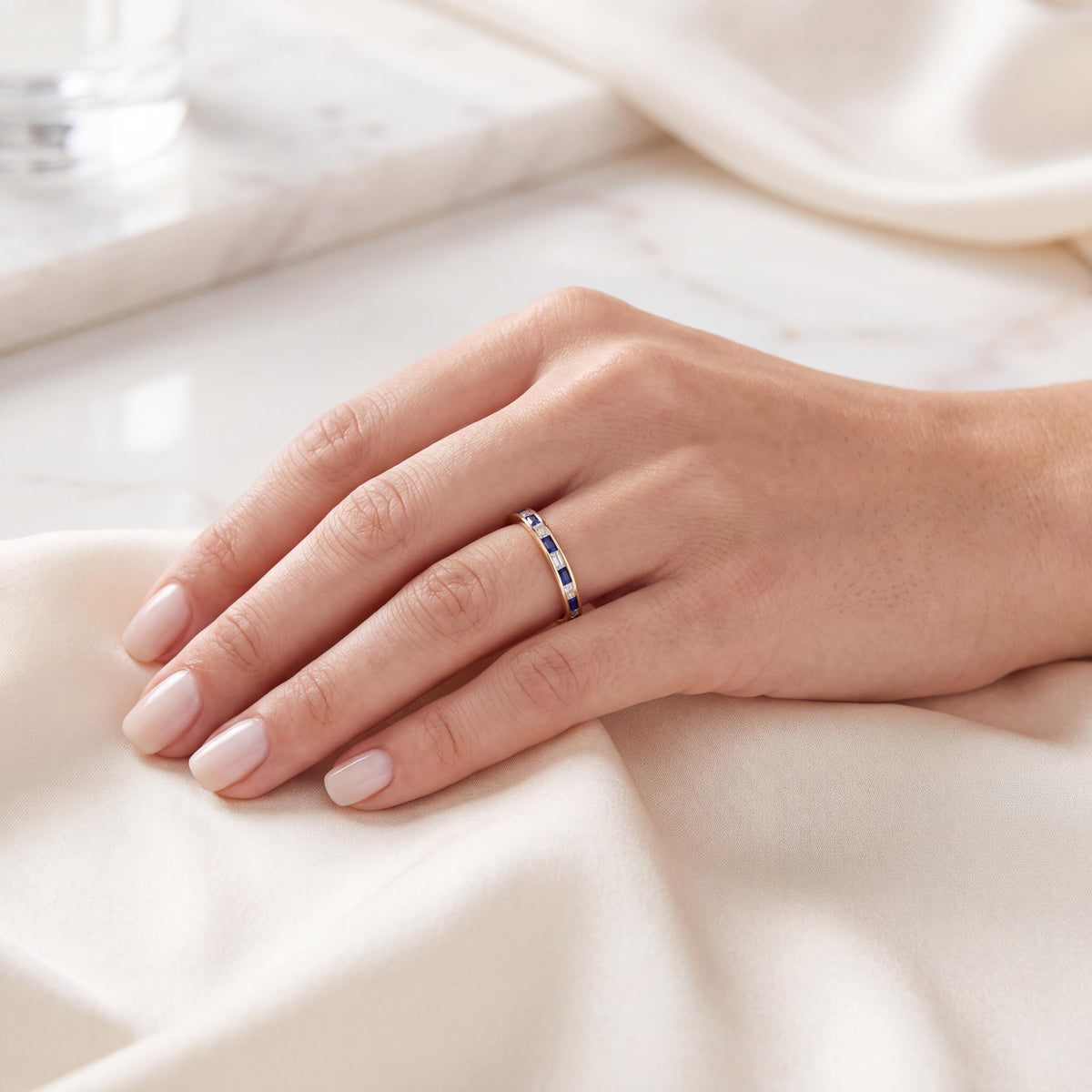 Baguette Cut Sapphire & Diamond Full Eternity Wedding Band Ring 14K Solid Gold Channel Set